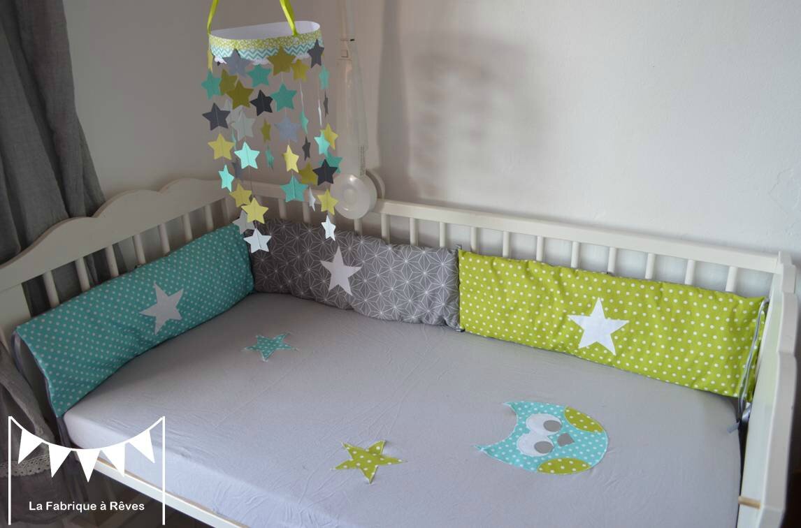 Linge de lit bébé garçon turquoise anis gris blanc tour de lit ...