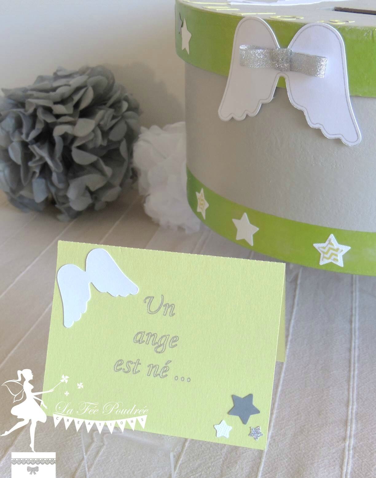 Décoration baptême ange anis blanc gris : urne, faire part ...