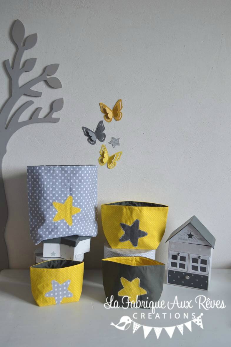 Lot 4 pochons rangement étoiles jaune gris blanc décoration ...