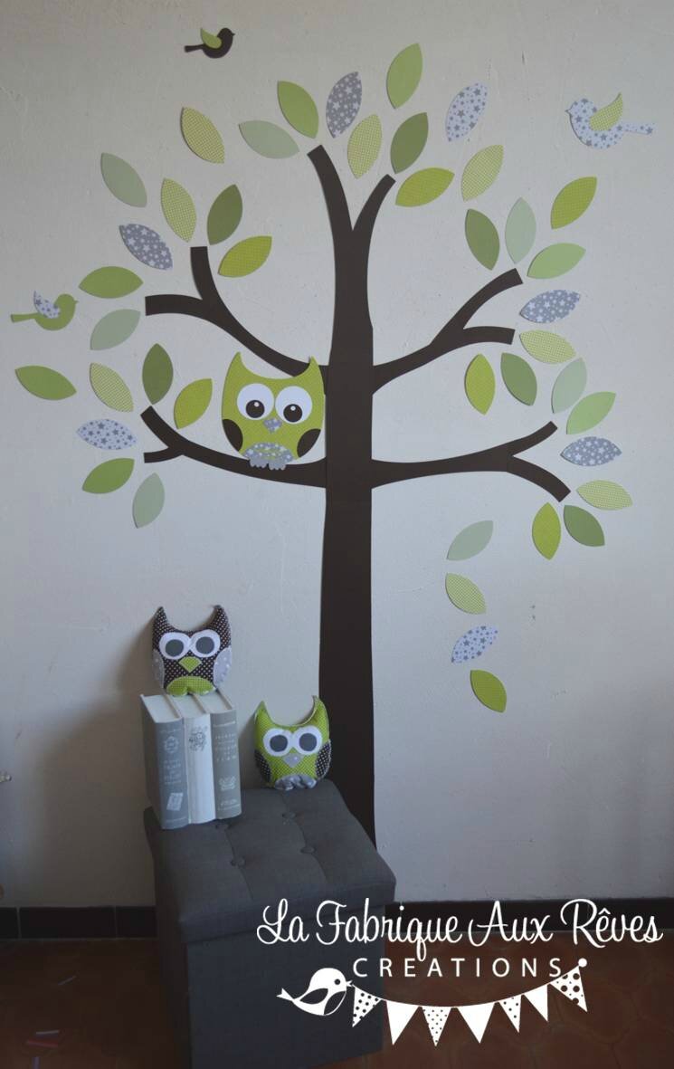 Stickers arbre vert anis amande kaki chocolat marron gris nichoir ...