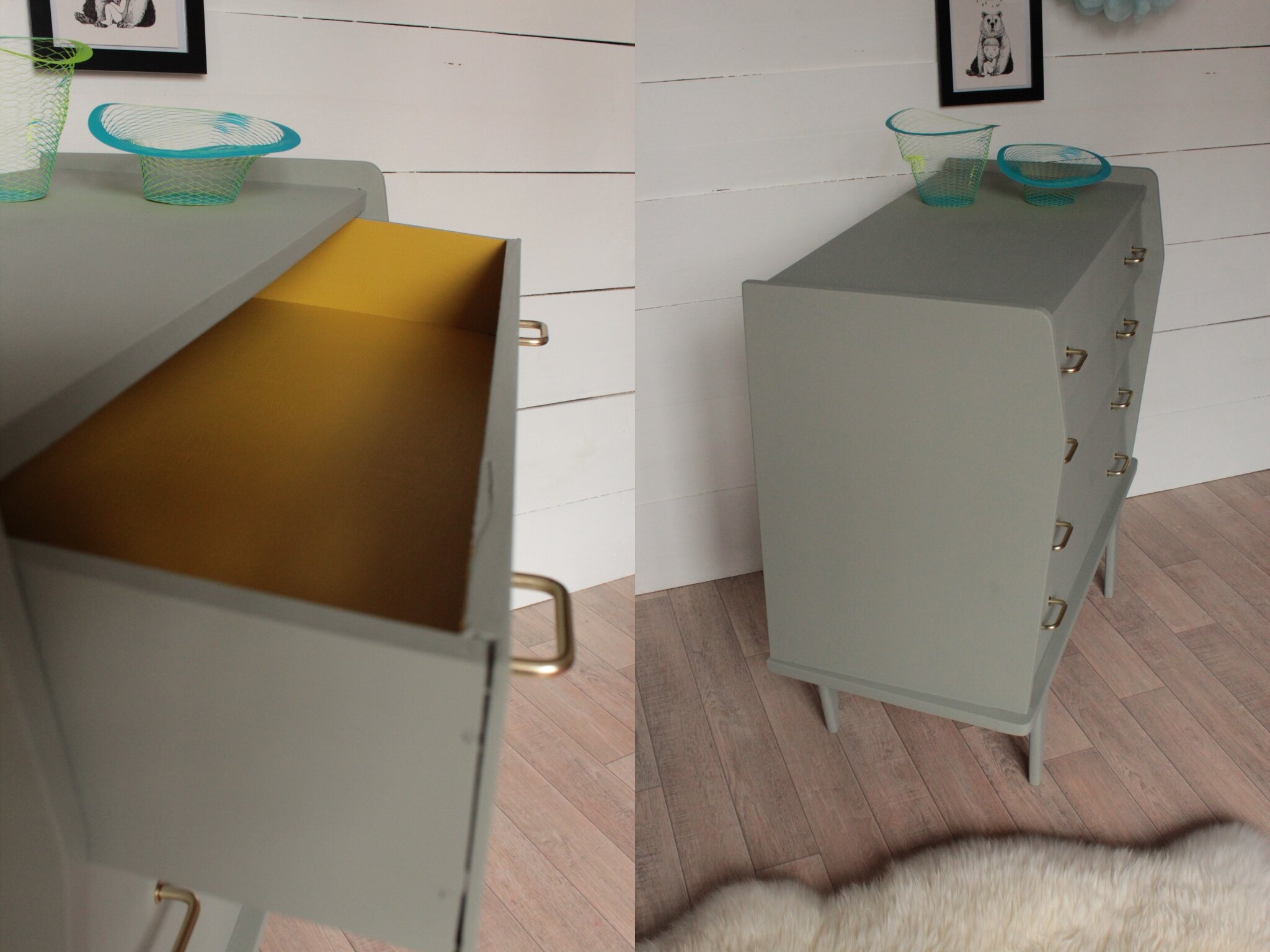 Commode vintage années 50, gris pigeon/jaune trendy little