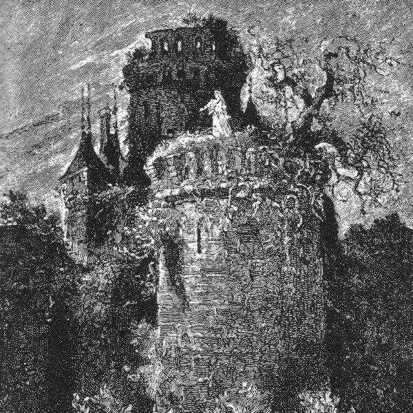 Dame blanche au sommet d'une tour