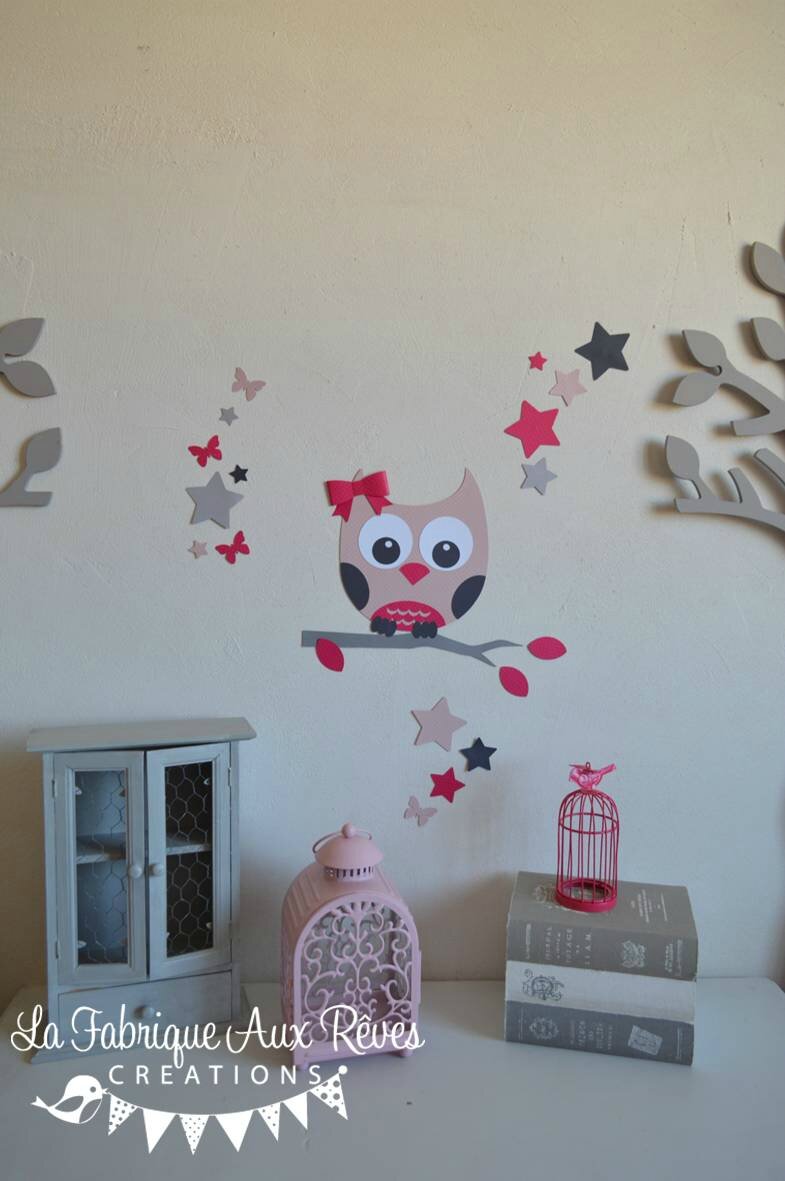 Stickers hibou étoiles papillon rose poudré rose fuchsia framboise ...