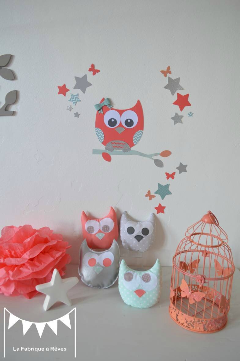 Décoration chambre bébé hibou chouette corail vert d'eau argent ...