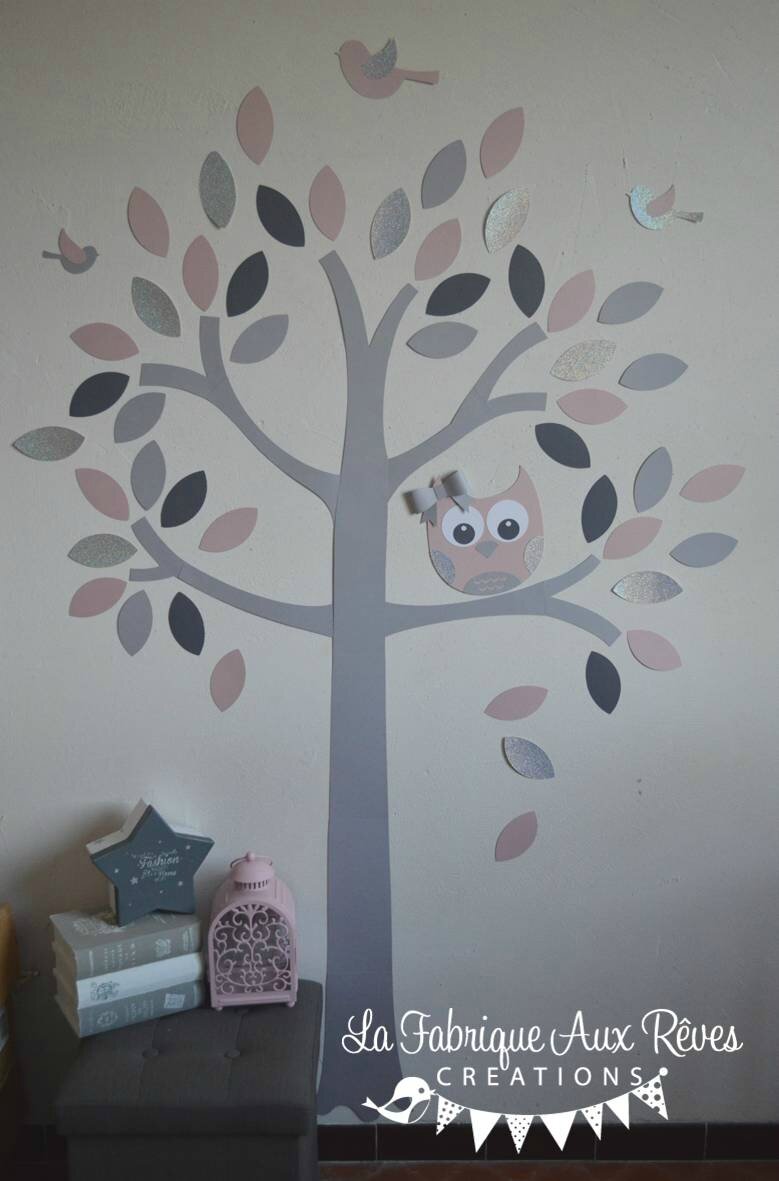 Stickers arbre rose poudré rose argent gris foncé gris clair hibou ...