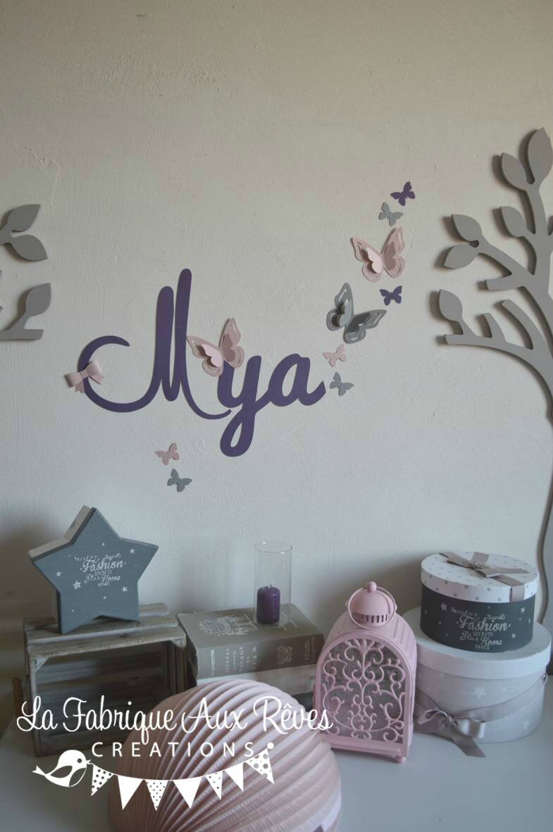 Stickers prénom fille violet rose poudré gris papillons ...