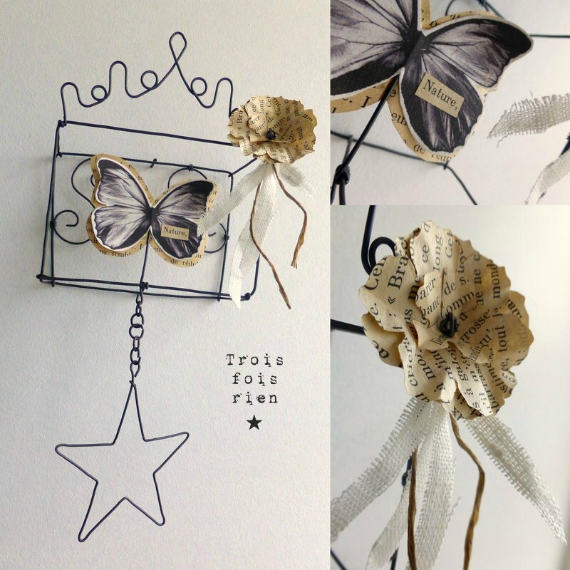 Mini Box N° 6, papillon, fil de fer, papier, lin, ficelle, étoile