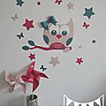 stickers décoration chambre enfant fille bébé hibou étoiles papillons rose poudré bleu pétrole rose fuchsia
