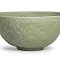 A large 'longquan' celadon carved 'peony' bowl, ming dynasty, 15th century