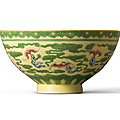 A rare enamelled yellow-ground ‘nine bats’ bowl, yongzheng six-character mark and of the period (1723-1735)