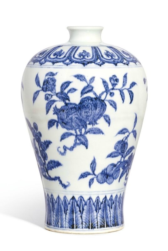 A finely painted and rare blue and white 'Fruit' meiping, Ming dynasty, Yongle period