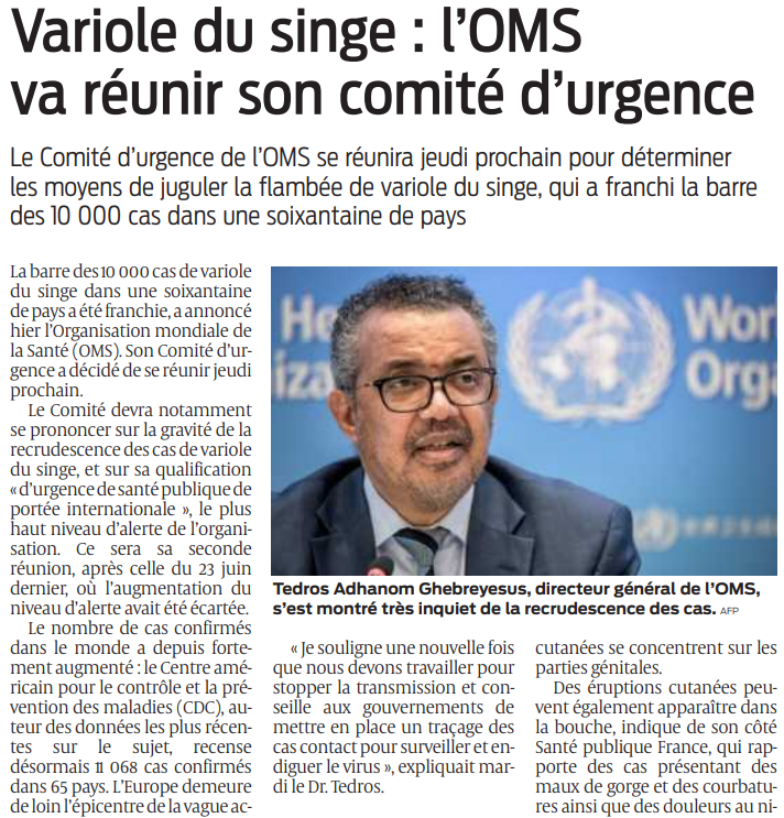 2022 07 15 SO Variole du singe l'OMS va réunir son comité d'urgence