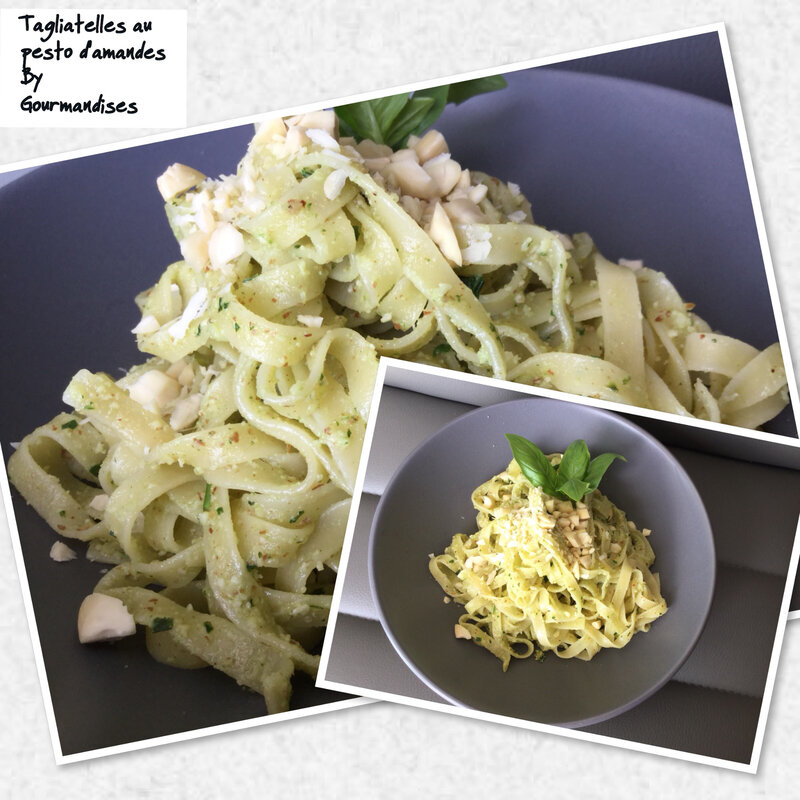 Tagliatelles au pesto léger d’amandes VEGAN ( 385 cal/par personne) Gourmandises sucrées ou salées
