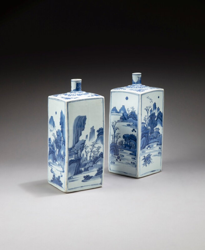 Two blue and white square 'landscape' bottle vases Transitional period