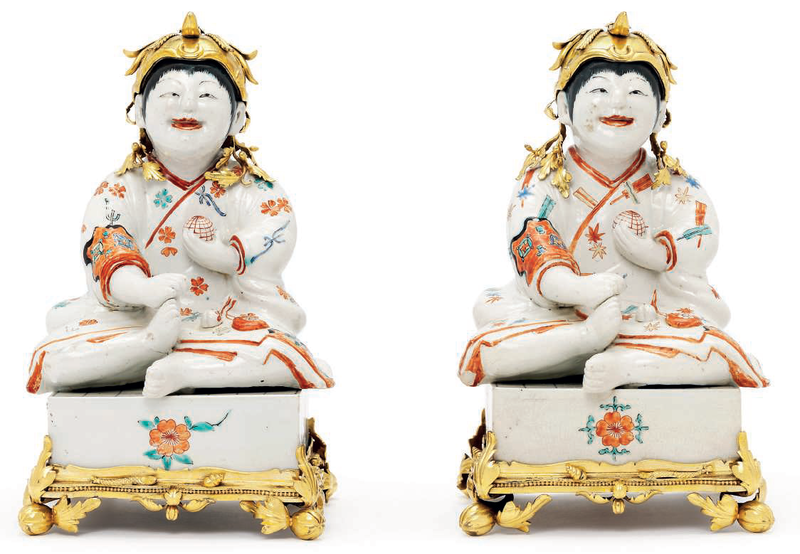 A Pair of Kakiemon Models of Karako (Chinese Boys) Seated on Go Boards with French Gilt Bronze Mounts 2