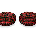 A rare pair of carved four-colour lacquer octalobed boxes and covers, qianlong-jiaqing period (1736-1820)