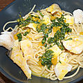 Spaghetti au merlu (colin) sauce carbonara au basilic