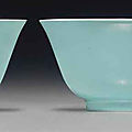 A pair of turquoise-enameled bowls, jiaqing seal marks in iron-red and of the period (1796-1820)