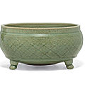 A carved longquan celadon tripod censer, ming dynasty, 16th century