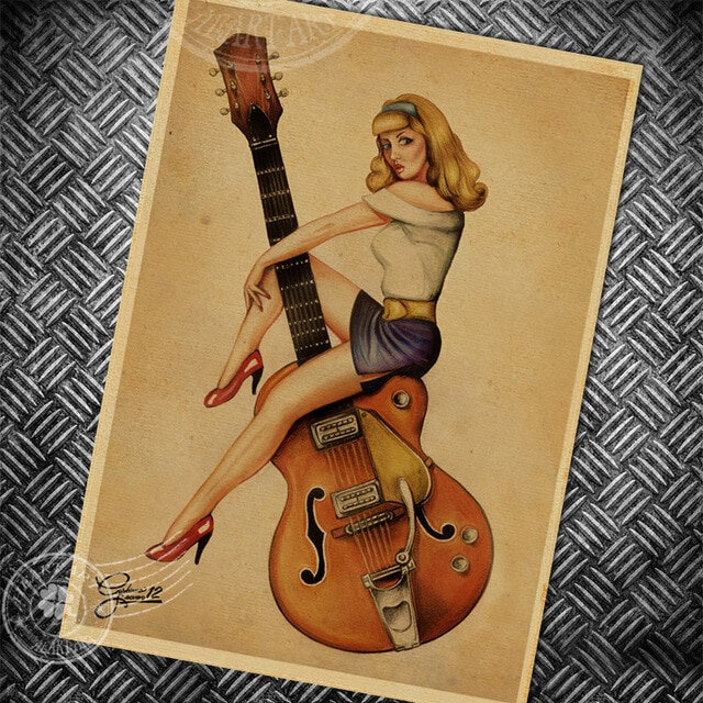 Muzyka-gitara-Vintage-plakat-retro-malarstwo-Sexy-Girl-stary-pok-j-dzienny-sypialnia-bar-decor-wall