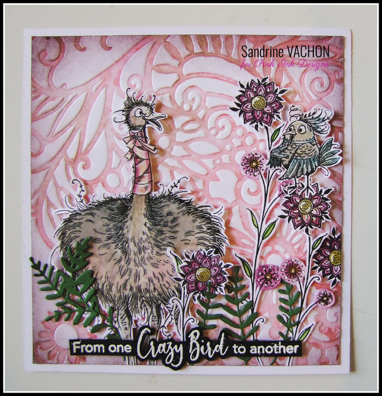 Carte CRAZY BIRDS et stencil ON THE VERGE Sandrine VACHON Pink (1)