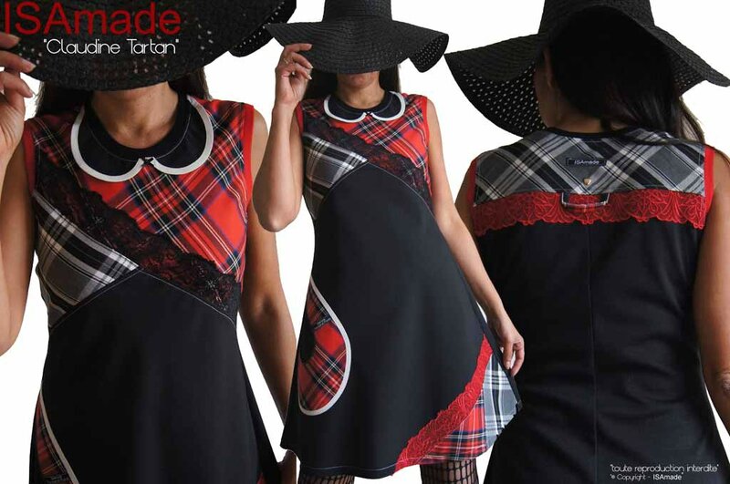 MOD-454A-robe-écossais-rouge-gris-col-claudine-noire- dentelle-createur-shopping-mode- ligne-originale-isamade-made-in-france
