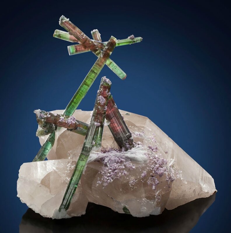 Tourmaline on quartz with lepidolite and cleavelandite - The 'Flower of Pederneira'