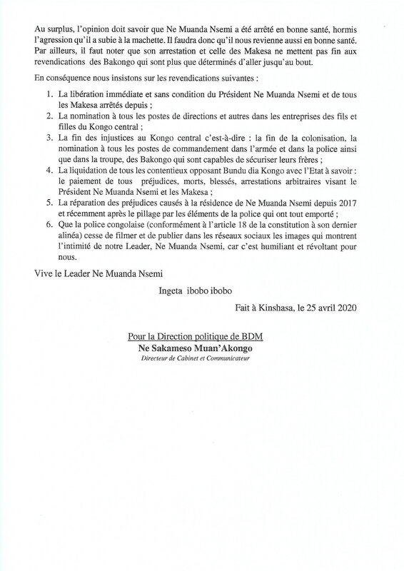 DECLARATION DE LA DIRECTION POLITIQUE DE BUNDU DIA MAYALA 25 AVRIL 2020 b