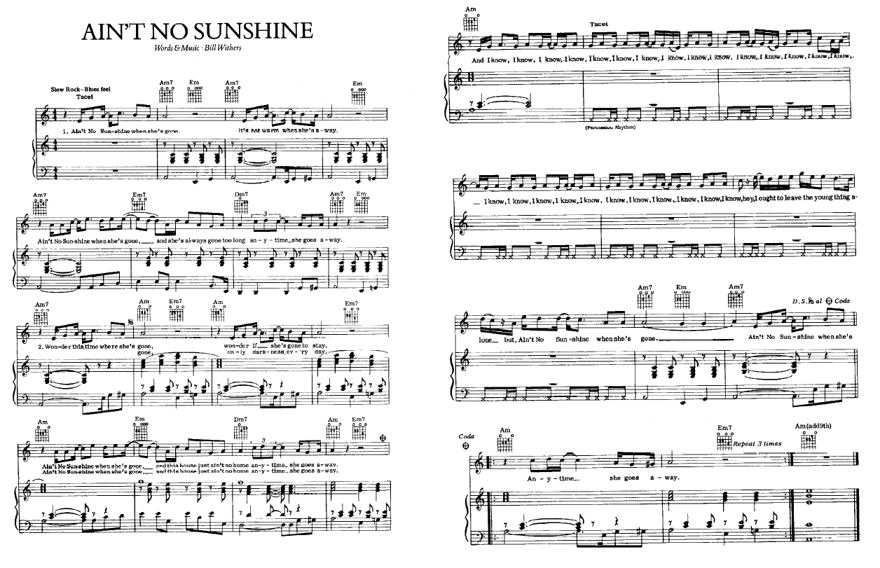 Ain't No Sunshine Sheet Music, Bill Withers