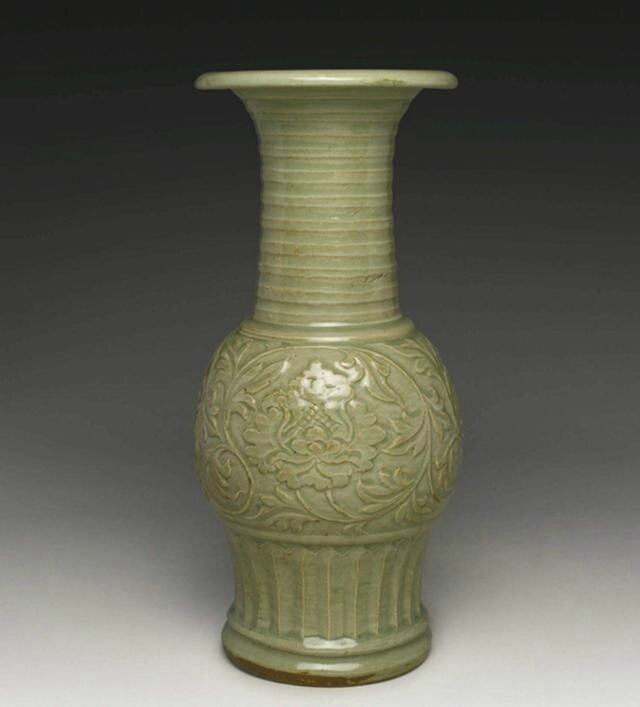 A Longquan celadon baluster vase, Yuan dynasty (1279-1368)