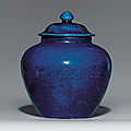 A blue-glazed jar and cover, underglaze-blue jiajing six-character mark within a double circle and of the period (1522-1566)