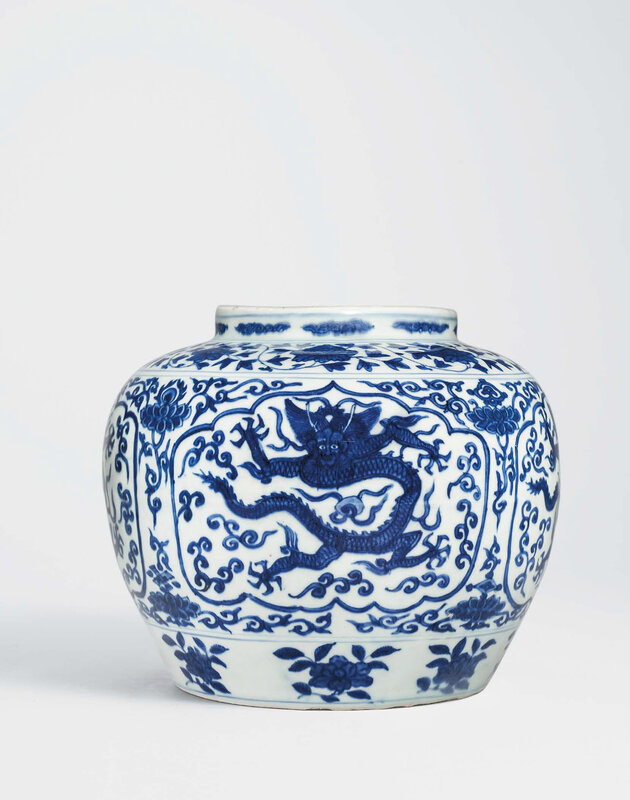 A rare blue and white 'dragon' jar, Wanli six-character mark in underglaze blue within a double circle and of the period (1573-1620)