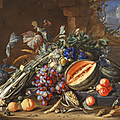 Cornelis de heem a still life of fruit with a melon, grapes and celery together with oranges and peaches, an artichoke, walnuts 