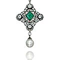 A 19th century lozenge-cut emerald, natural pearl and diamond pendant-brooch