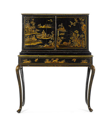 An_Italian_mid_19th_century_black_and_gilt_Japanned_and_painted_cabinet_on_stand1