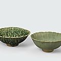 Two green glazed bowls with unglazed stacking rings, Trần -Lê dynasty, 14th-15th century