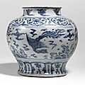 A large blue and white 'phoenix' jar, ming dynasty, circa 1500