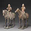 A pair of painted pottery figures of horses and riders, Sui-Early Tang dynasty1