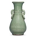 A carved Longquan celadon pear-shaped vase, yuhuchunping, Yuan-Early Ming dynasty