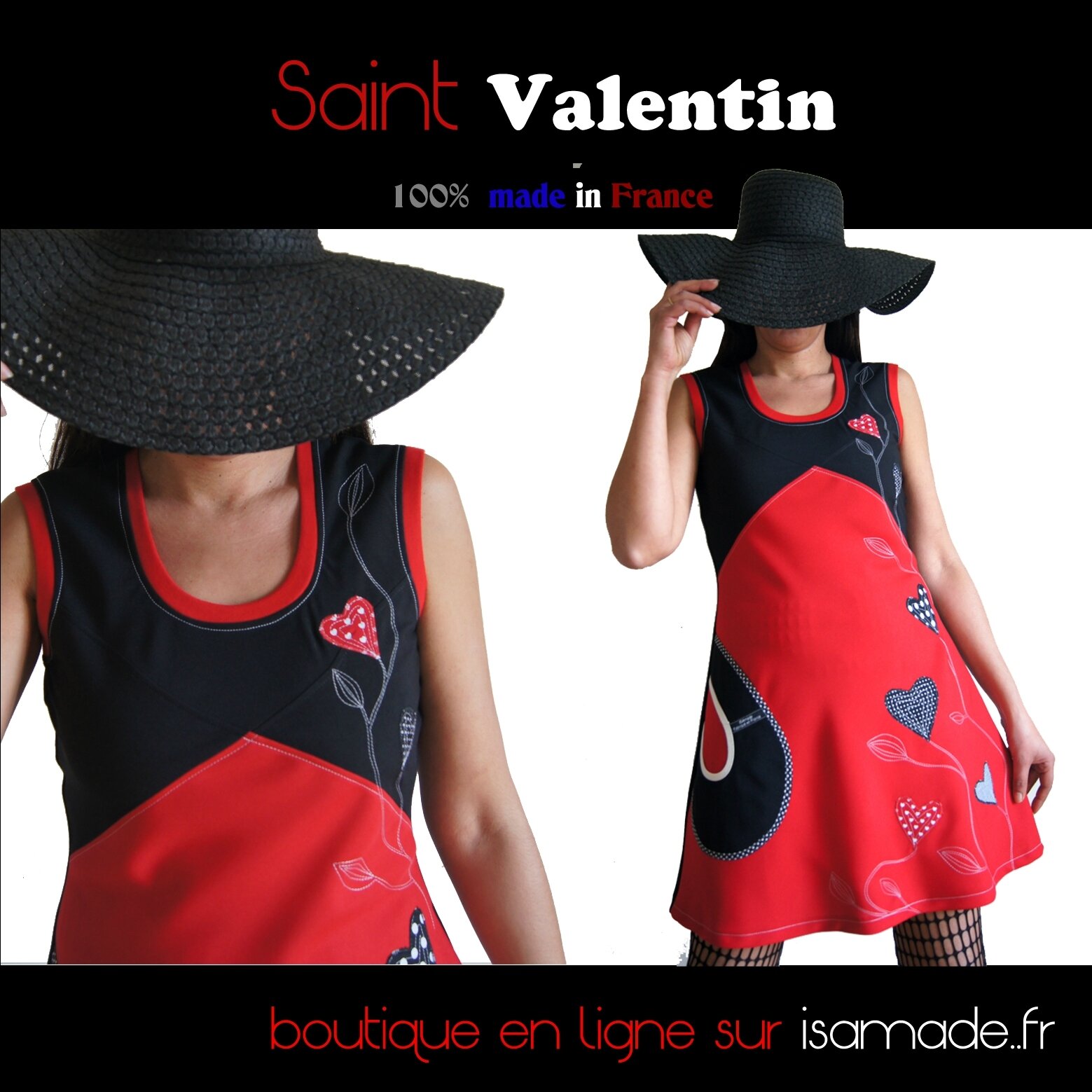 Robe rouge noire pois fleurie Saint valentin ISAmade