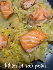 Dés de saumon sur chou chinois au Philadelphia gros plan