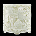 A finely carved white jade 'tribute bearers' brushpot, qing dynasty, qianlong period