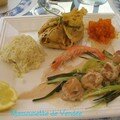Aumônière aux fruits de mer et st jacques sur nid de poireau