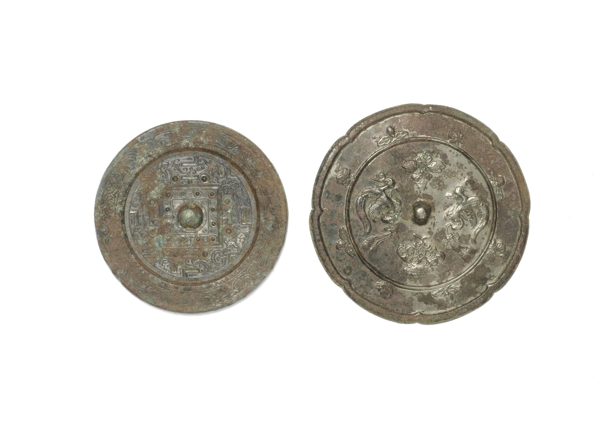 A bronze 'TLV' mirror, Han dynasty & A lobed bronze mirror, Tang dynasty