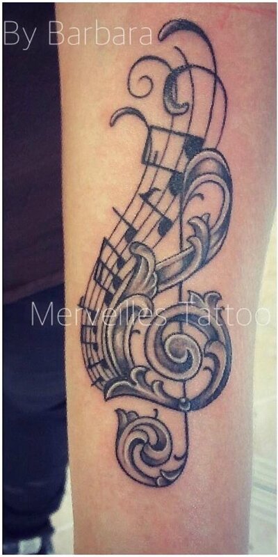 tattoo, note musique, ornements, partition
