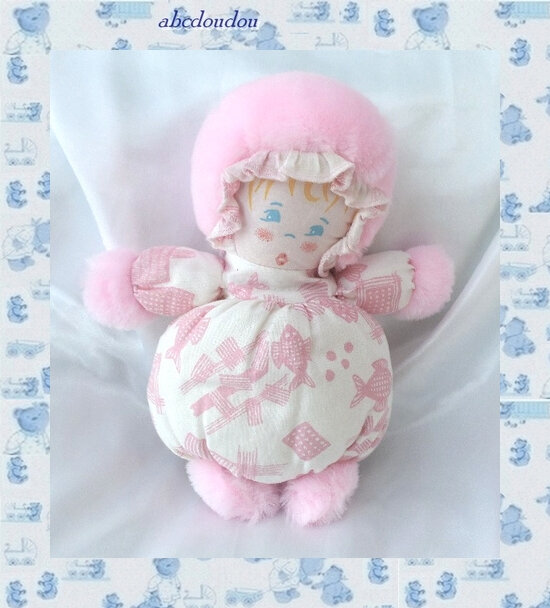 Doudou Poupee tissu chiffon 30 cm Corolle blanc bleu fleurs Tache