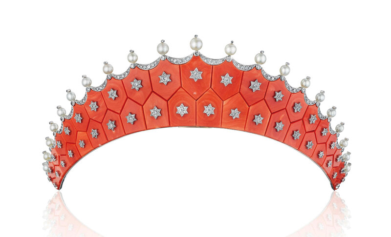 An exquisite coral, diamond and pearl tiara, by Cartier