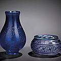 A small incised blue glass vase and an overlay blue glass box and cover, qing dynasty, 19th century