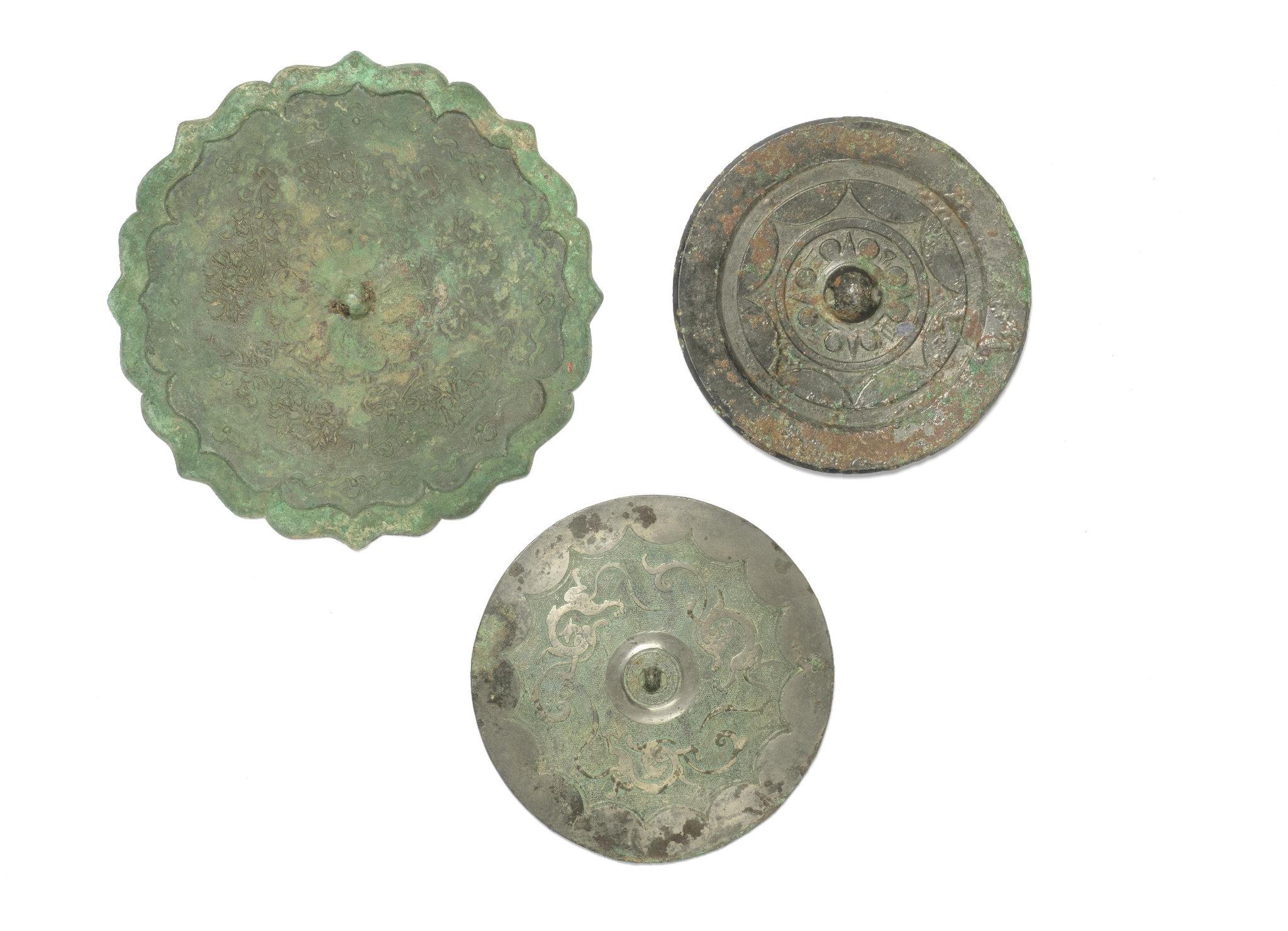 Three bronze mirrors, Han dynasty, 4th-6th century AD & Northern Song dynasty