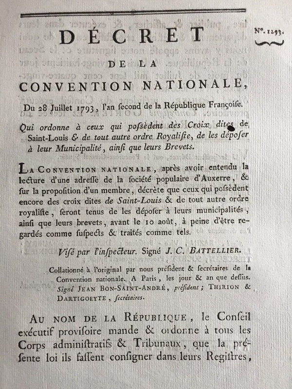 Le décret la convention nationale 28 juillet 1793 restitution de l'Ordre de St Louis et autres ordres royaux